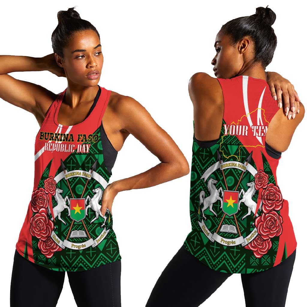 Personalized Burkina Faso Republic Day Women Racerback Tank Bogolan Mudcloth - Coat Of Arms Design