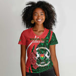 Personalized Burkina Faso Republic Day Women V-Neck T-Shirt Bogolan Mudcloth - Coat Of Arms Design