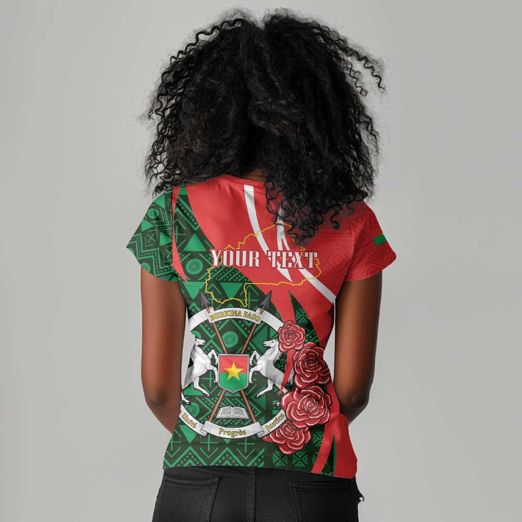 Personalized Burkina Faso Republic Day Women V-Neck T-Shirt Bogolan Mudcloth - Coat Of Arms Design