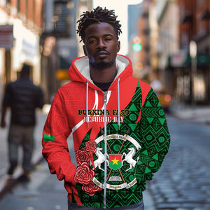 Personalized Burkina Faso Republic Day Zip Hoodie Bogolan Mudcloth - Coat Of Arms Design