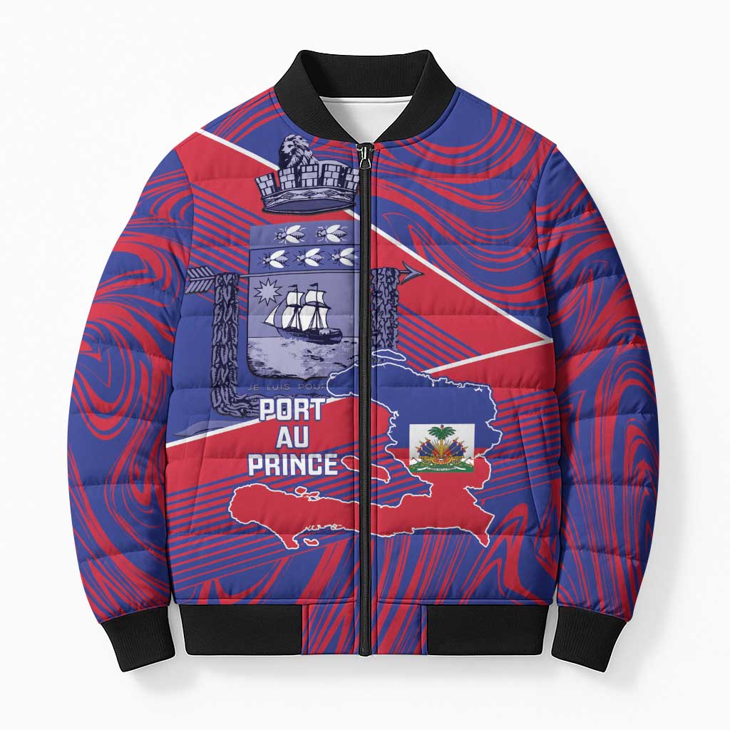 Port-au-Prince Afro-Haitians Bomber Puffer Jacket Ayiti Map Pòtoprens Flag Color - African Pride