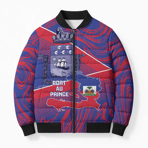 Port-au-Prince Afro-Haitians Bomber Puffer Jacket Ayiti Map Pòtoprens Flag Color - African Pride