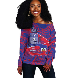 Port-au-Prince Afro-Haitians Off Shoulder Sweater Ayiti Map Pòtoprens Flag Color - African Pride