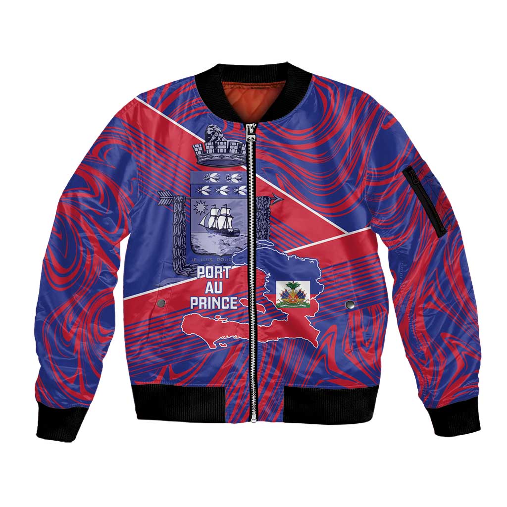 Port-au-Prince Afro-Haitians Sleeve Zip Bomber Jacket Ayiti Map Pòtoprens Flag Color - African Pride