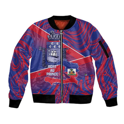Port-au-Prince Afro-Haitians Sleeve Zip Bomber Jacket Ayiti Map Pòtoprens Flag Color - African Pride
