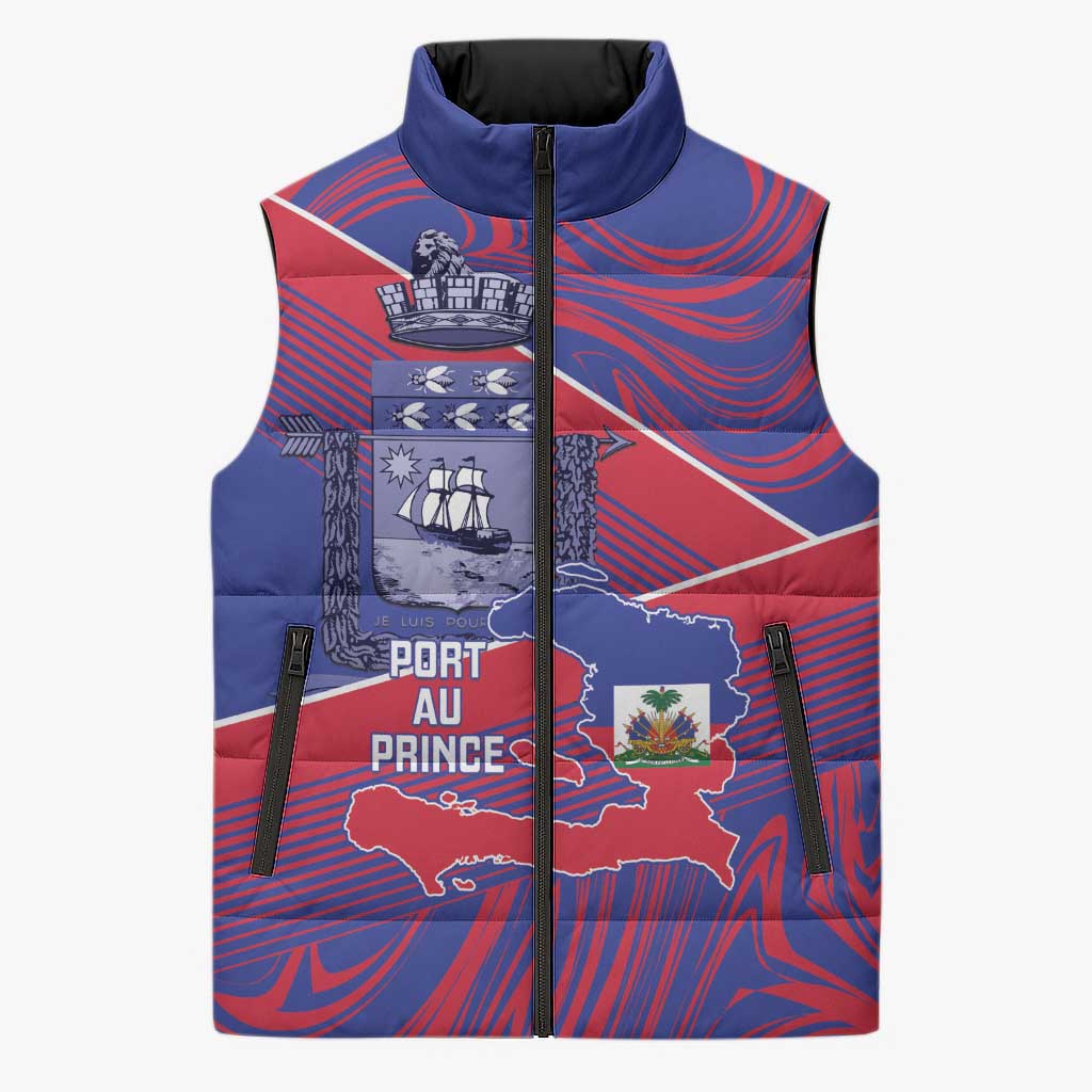 Port-au-Prince Afro-Haitians Sleeveless Puffer Jacket Ayiti Map Pòtoprens Flag Color - African Pride