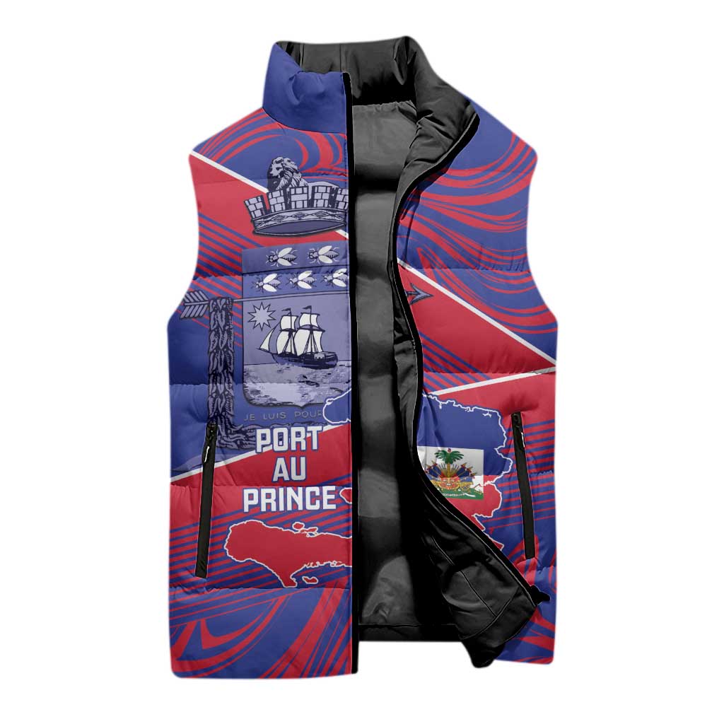 Port-au-Prince Afro-Haitians Sleeveless Puffer Jacket Ayiti Map Pòtoprens Flag Color - African Pride