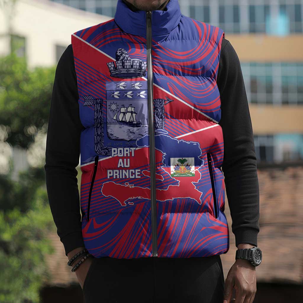 Port-au-Prince Afro-Haitians Sleeveless Puffer Jacket Ayiti Map Pòtoprens Flag Color - African Pride
