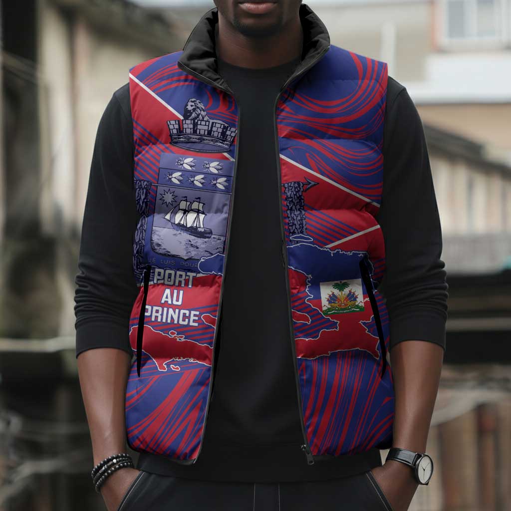 Port-au-Prince Afro-Haitians Sleeveless Puffer Jacket Ayiti Map Pòtoprens Flag Color - African Pride