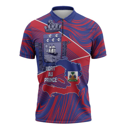 Port-au-Prince Afro-Haitians Zipper Polo Shirt Ayiti Map Pòtoprens Flag Color - African Pride