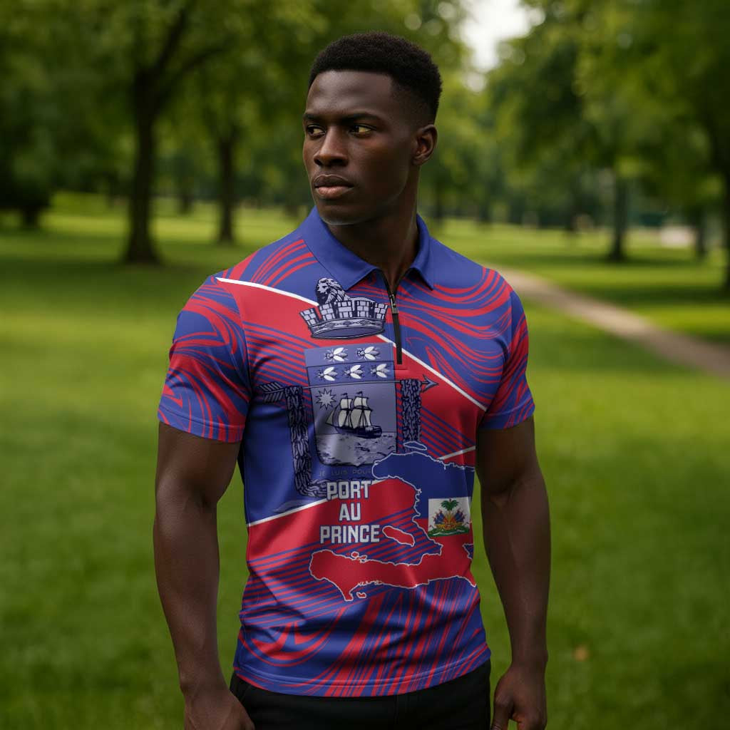 Port-au-Prince Afro-Haitians Zipper Polo Shirt Ayiti Map Pòtoprens Flag Color - African Pride