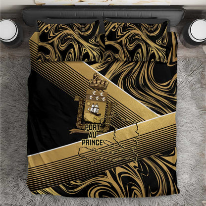 Port-au-Prince Afro-Haitians Bedding Set Ayiti Map Pòtoprens Gold Color - African Pride