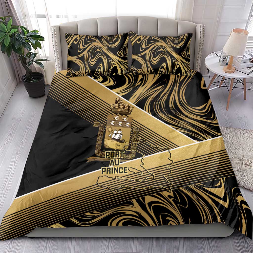Port-au-Prince Afro-Haitians Bedding Set Ayiti Map Pòtoprens Gold Color - African Pride