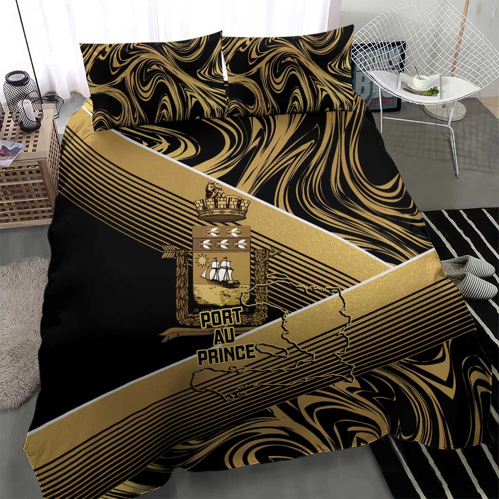 Port-au-Prince Afro-Haitians Bedding Set Ayiti Map Pòtoprens Gold Color - African Pride