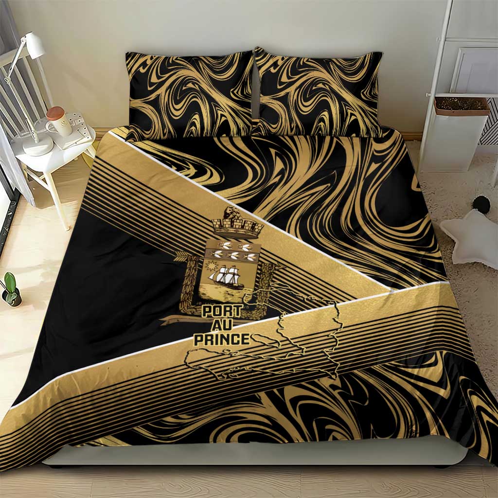 Port-au-Prince Afro-Haitians Bedding Set Ayiti Map Pòtoprens Gold Color - African Pride