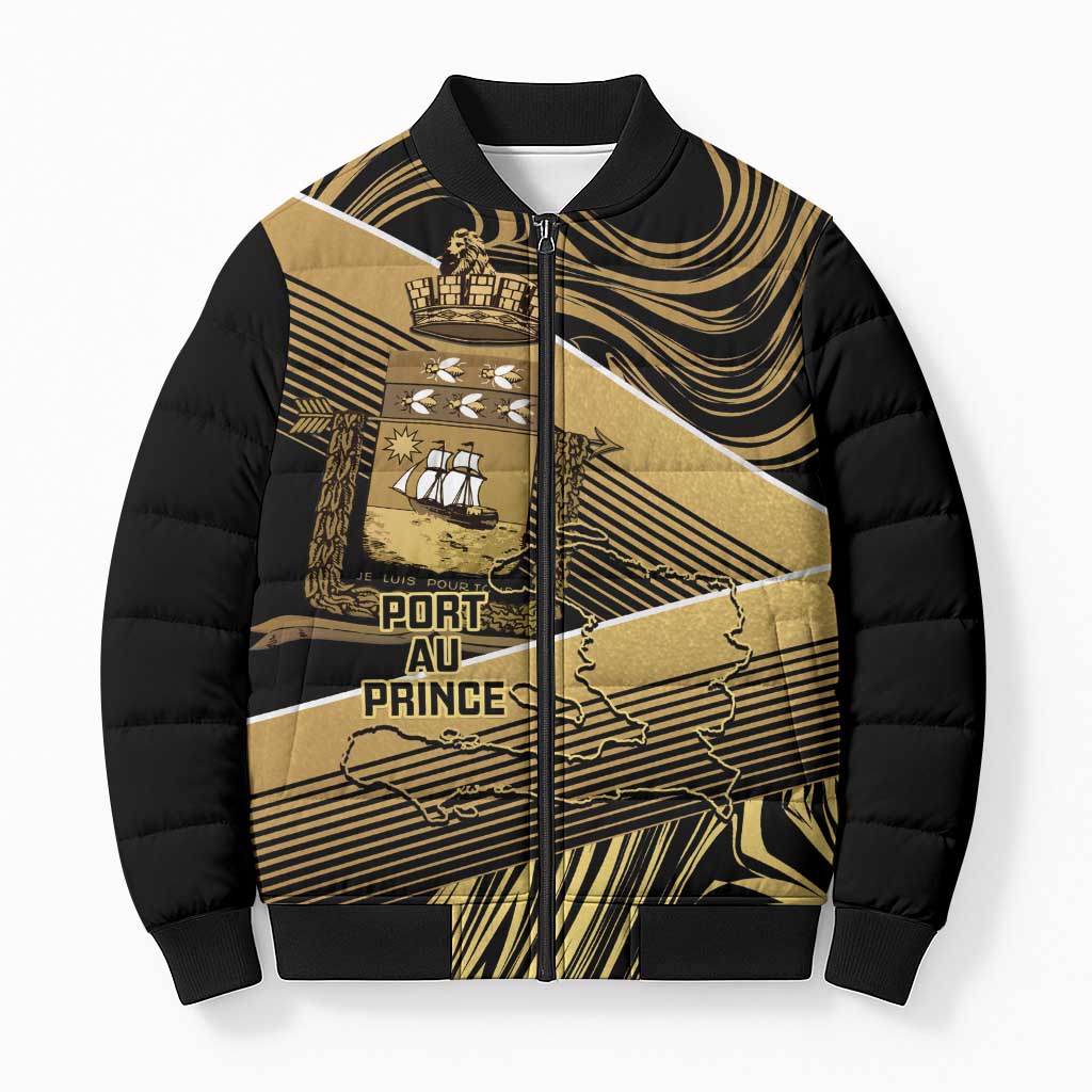 Port-au-Prince Afro-Haitians Bomber Puffer Jacket Ayiti Map Pòtoprens Gold Color - African Pride