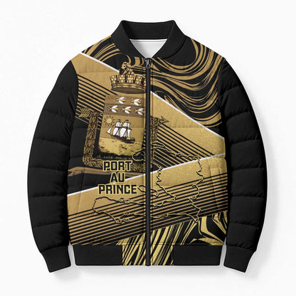 Port-au-Prince Afro-Haitians Bomber Puffer Jacket Ayiti Map Pòtoprens Gold Color - African Pride