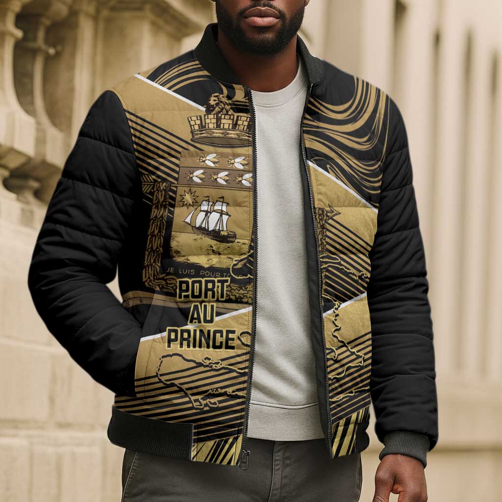 Port-au-Prince Afro-Haitians Bomber Puffer Jacket Ayiti Map Pòtoprens Gold Color - African Pride