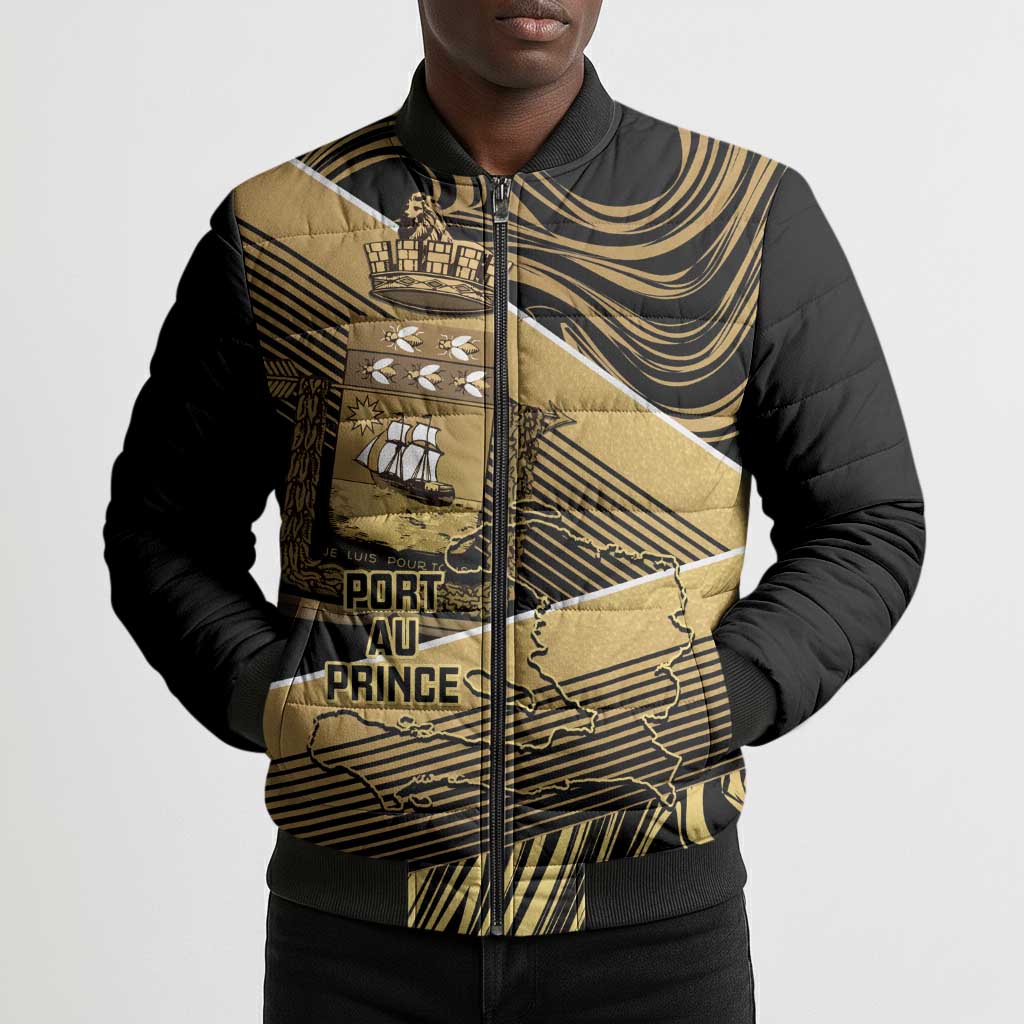 Port-au-Prince Afro-Haitians Bomber Puffer Jacket Ayiti Map Pòtoprens Gold Color - African Pride
