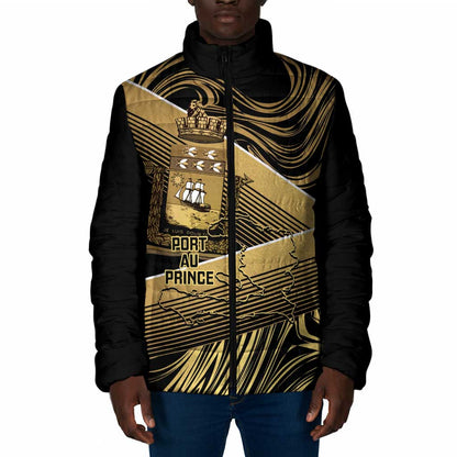 Port-au-Prince Afro-Haitians Padded Jacket Ayiti Map Pòtoprens Gold Color - African Pride