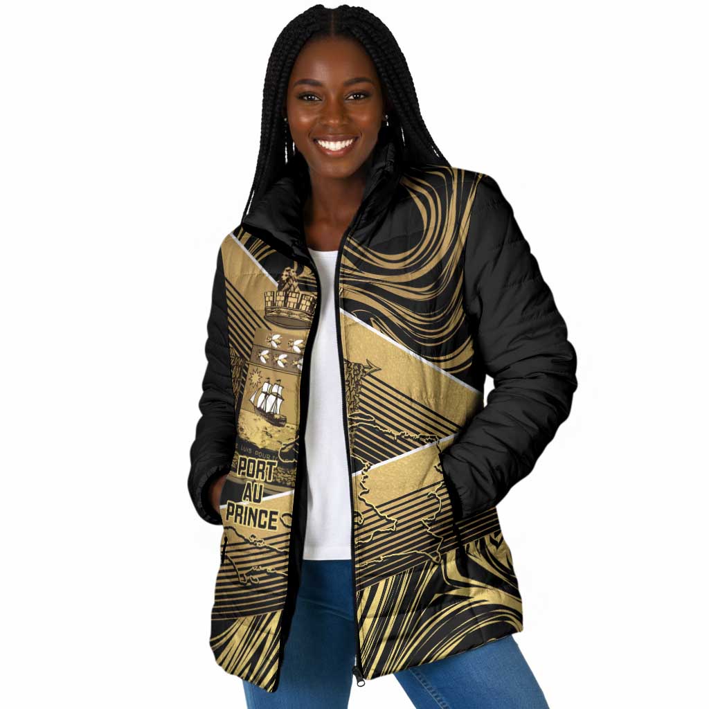 Port-au-Prince Afro-Haitians Padded Jacket Ayiti Map Pòtoprens Gold Color - African Pride