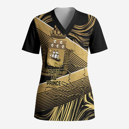 Port-au-Prince Afro-Haitians Scrub Top Ayiti Map Pòtoprens Gold Color - African Pride