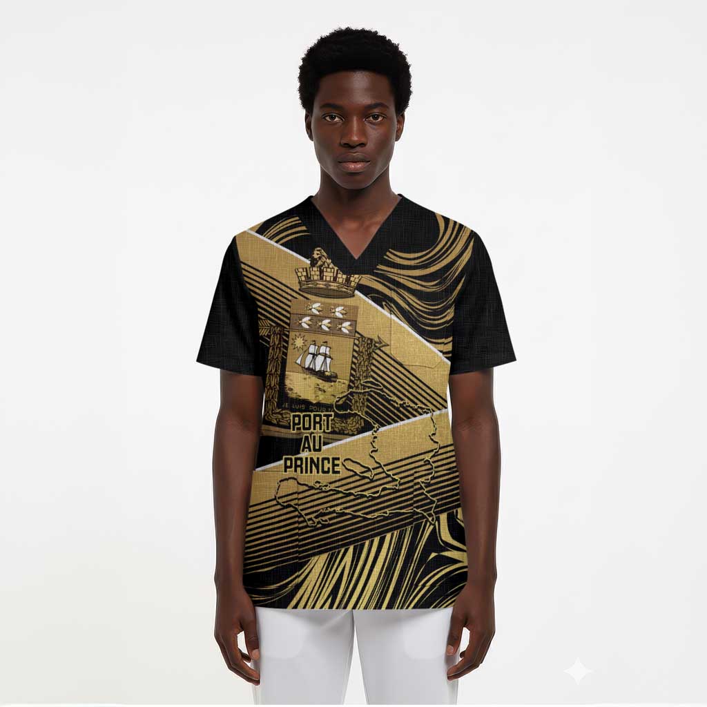 Port-au-Prince Afro-Haitians Scrub Top Ayiti Map Pòtoprens Gold Color - African Pride