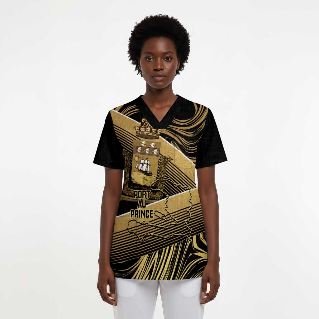 Port-au-Prince Afro-Haitians Scrub Top Ayiti Map Pòtoprens Gold Color - African Pride