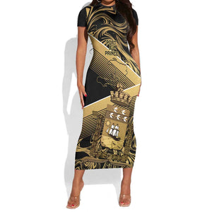 Port-au-Prince Afro-Haitians Short Sleeve Bodycon Dress Ayiti Map Pòtoprens Gold Color LT14