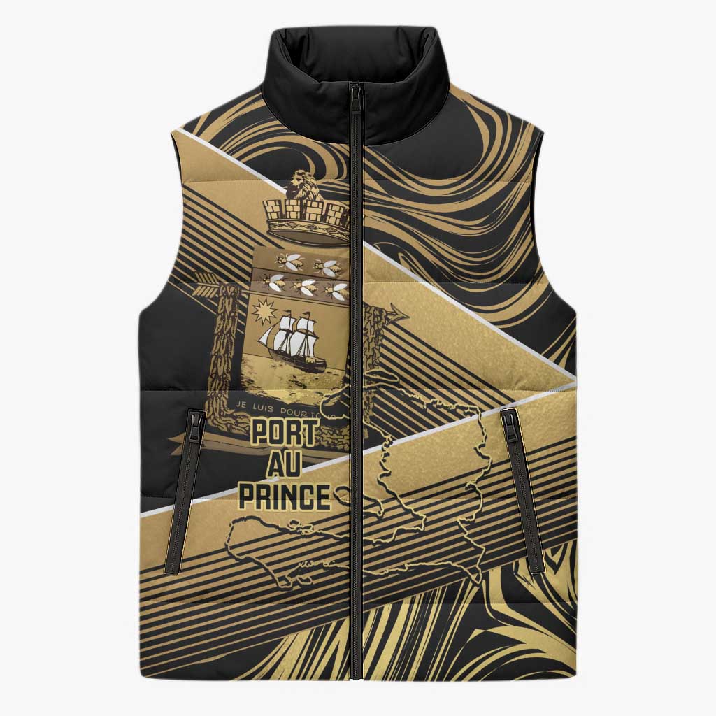 Port-au-Prince Afro-Haitians Sleeveless Puffer Jacket Ayiti Map Pòtoprens Gold Color - African Pride