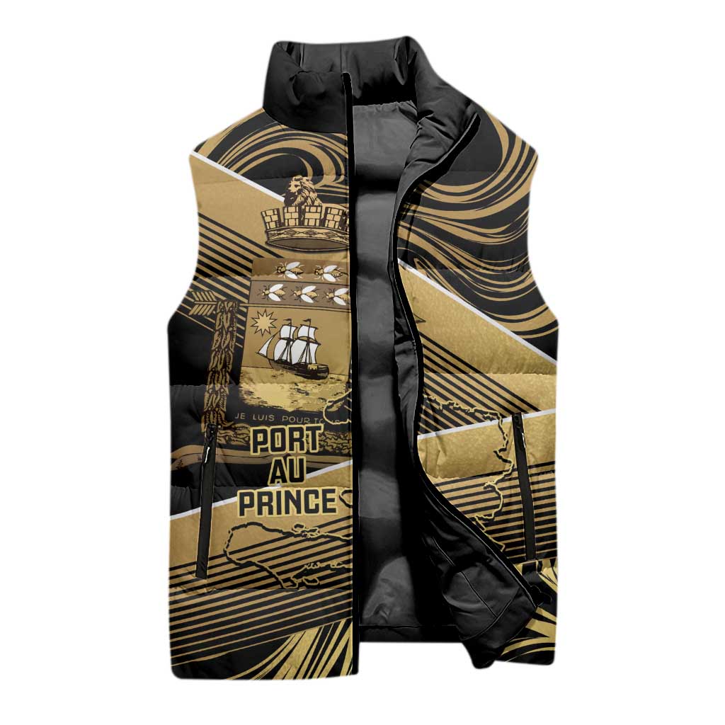 Port-au-Prince Afro-Haitians Sleeveless Puffer Jacket Ayiti Map Pòtoprens Gold Color - African Pride