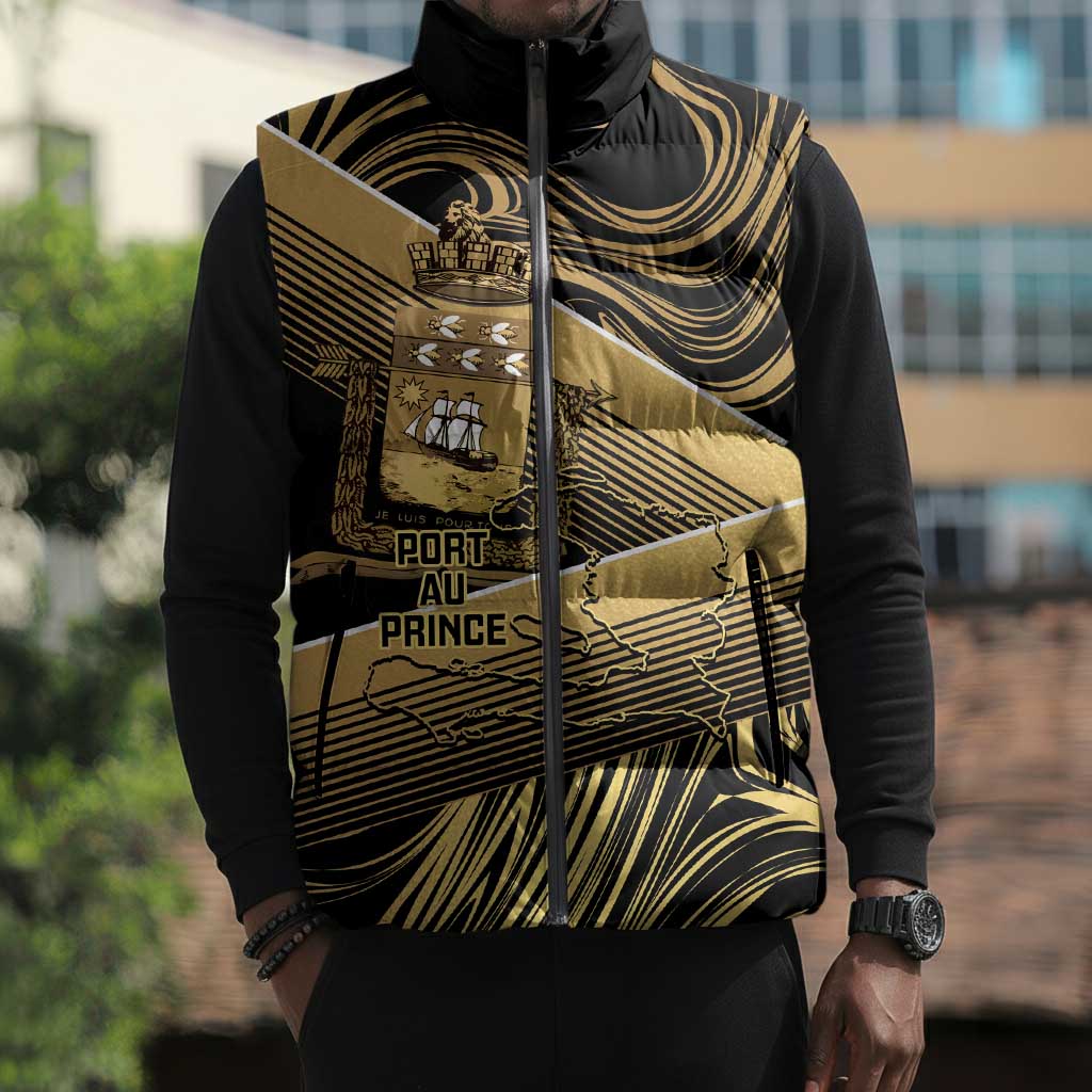 Port-au-Prince Afro-Haitians Sleeveless Puffer Jacket Ayiti Map Pòtoprens Gold Color - African Pride