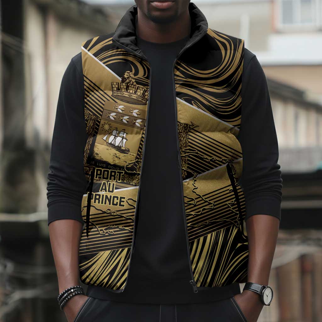 Port-au-Prince Afro-Haitians Sleeveless Puffer Jacket Ayiti Map Pòtoprens Gold Color - African Pride