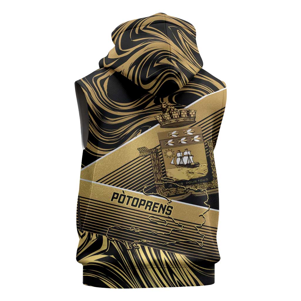 Port-au-Prince Afro-Haitians Sleeveless Zip Hoodie Ayiti Map Pòtoprens Gold Color - African Pride