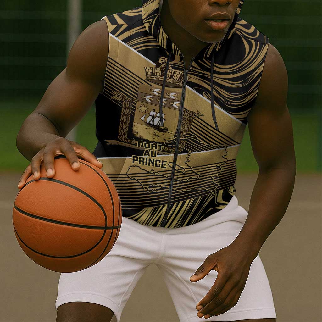 Port-au-Prince Afro-Haitians Sleeveless Zip Hoodie Ayiti Map Pòtoprens Gold Color - African Pride