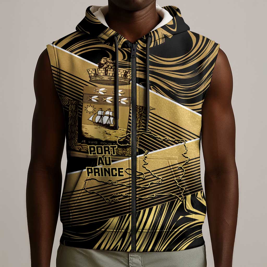 Port-au-Prince Afro-Haitians Sleeveless Zip Hoodie Ayiti Map Pòtoprens Gold Color - African Pride