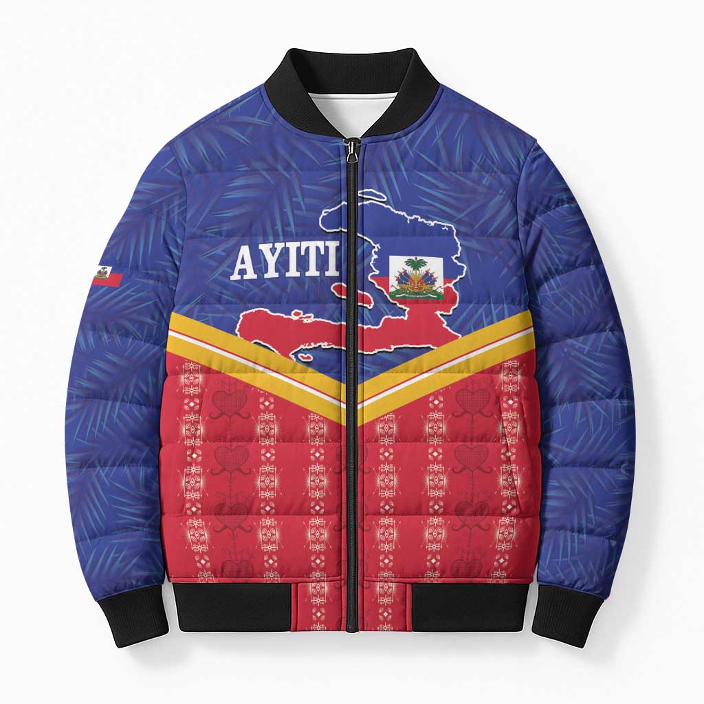 Afro-Haitians Bomber Puffer Jacket Proud Ayiti Veve Vodou Royal Palm Leaves - African Pride