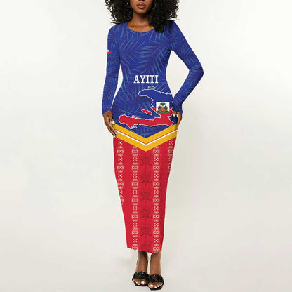 Afro-Haitians Long Sleeve Bodycon Dress Proud Ayiti Veve Vodou Royal Palm Leaves - African Pride