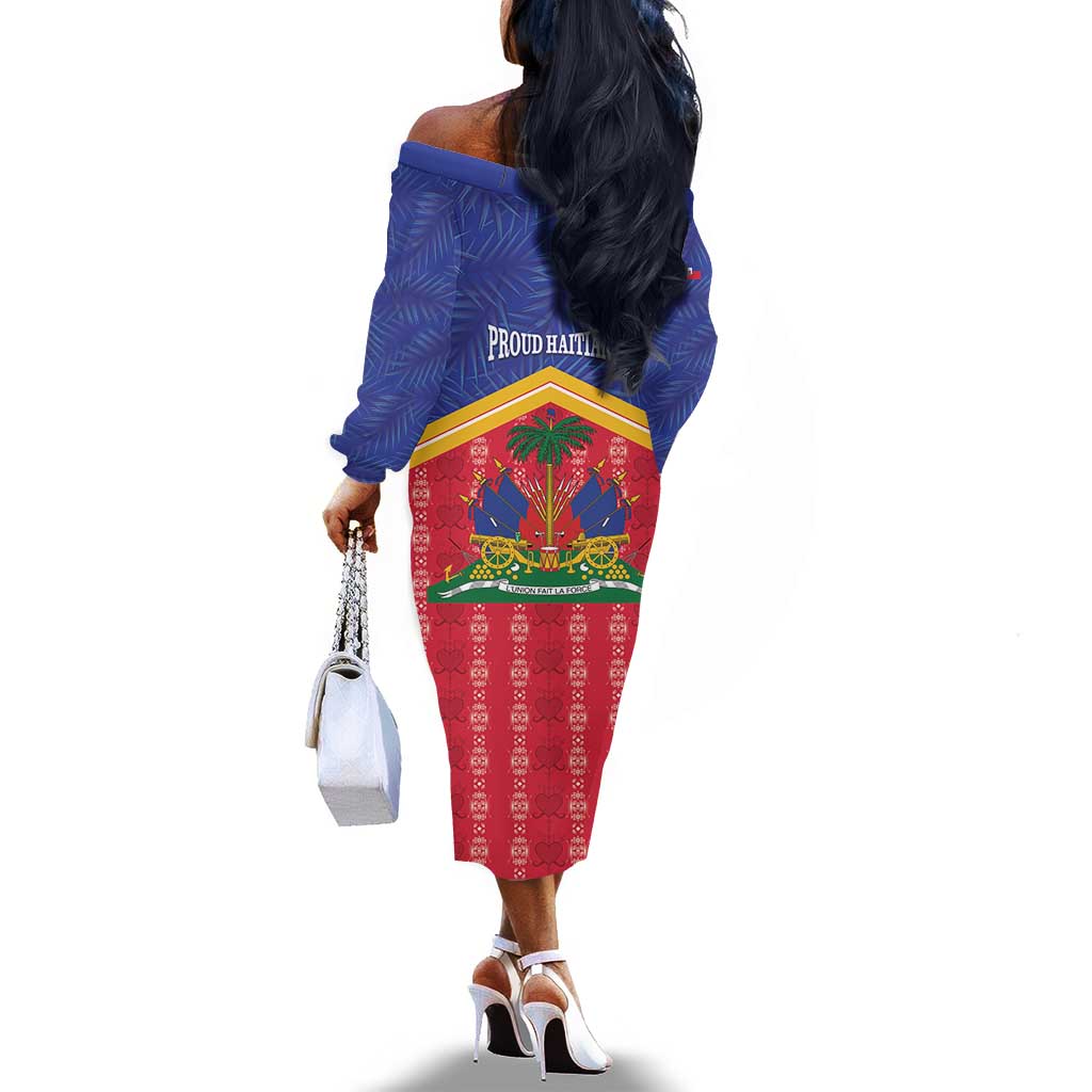 Afro-Haitians Off The Shoulder Long Sleeve Dress Proud Ayiti Veve Vodou Royal Palm Leaves - African Pride