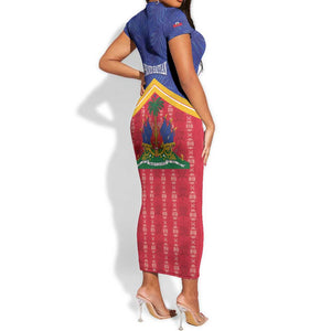 Afro-Haitians Short Sleeve Bodycon Dress Proud Ayiti Veve Vodou Royal Palm Leaves LT14