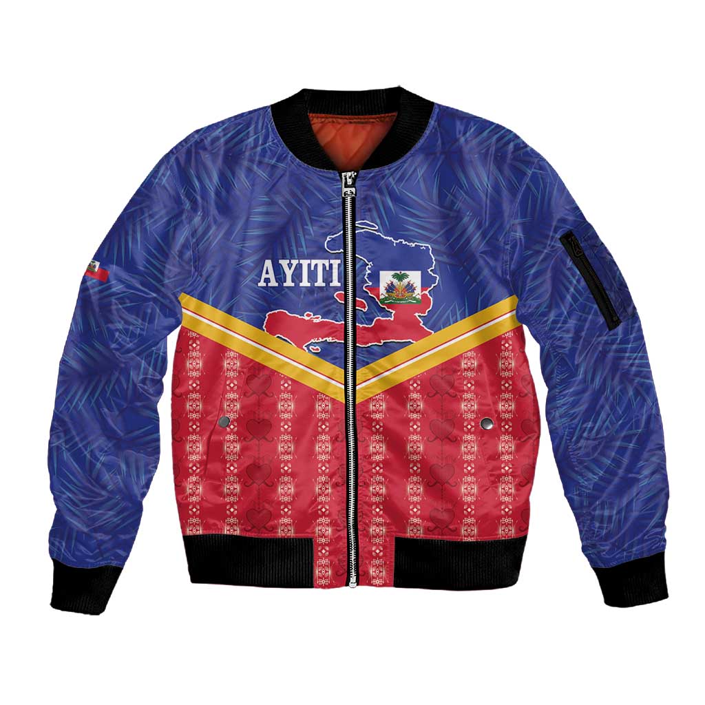 Afro-Haitians Sleeve Zip Bomber Jacket Proud Ayiti Veve Vodou Royal Palm Leaves - African Pride
