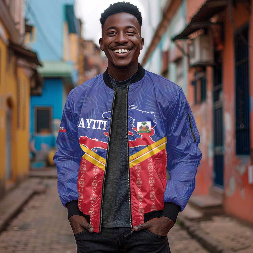 Afro-Haitians Sleeve Zip Bomber Jacket Proud Ayiti Veve Vodou Royal Palm Leaves - African Pride