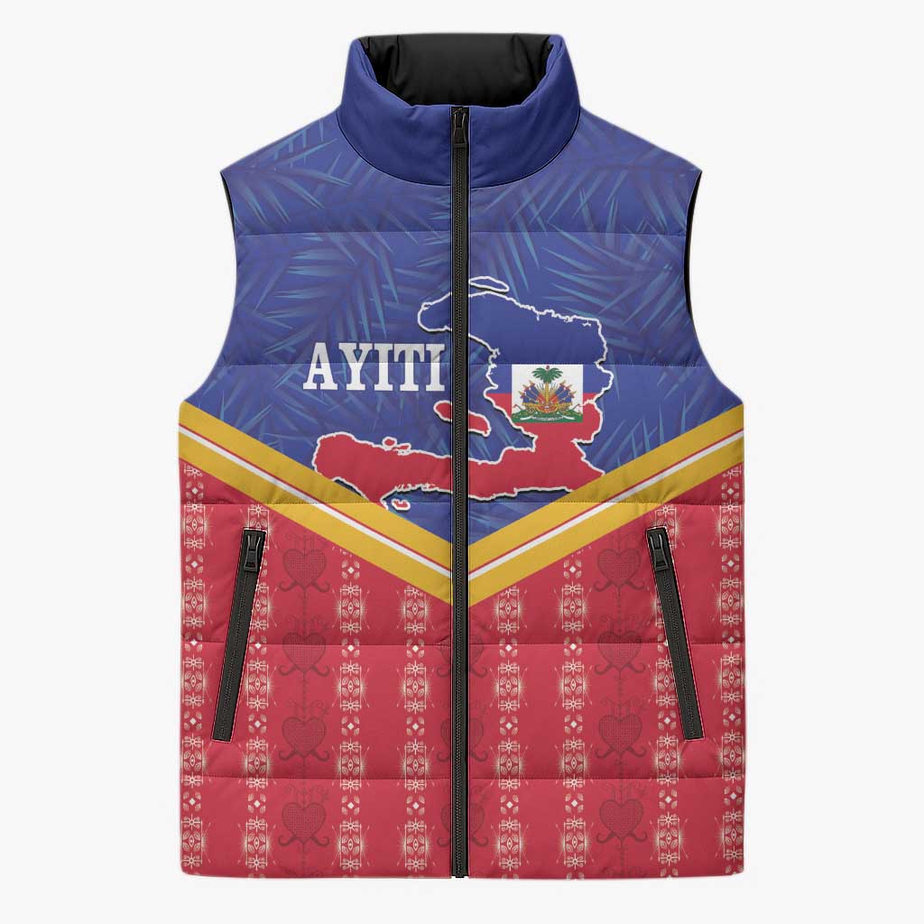 Afro-Haitians Sleeveless Puffer Jacket Proud Ayiti Veve Vodou Royal Palm Leaves - African Pride