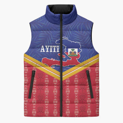 Afro-Haitians Sleeveless Puffer Jacket Proud Ayiti Veve Vodou Royal Palm Leaves - African Pride