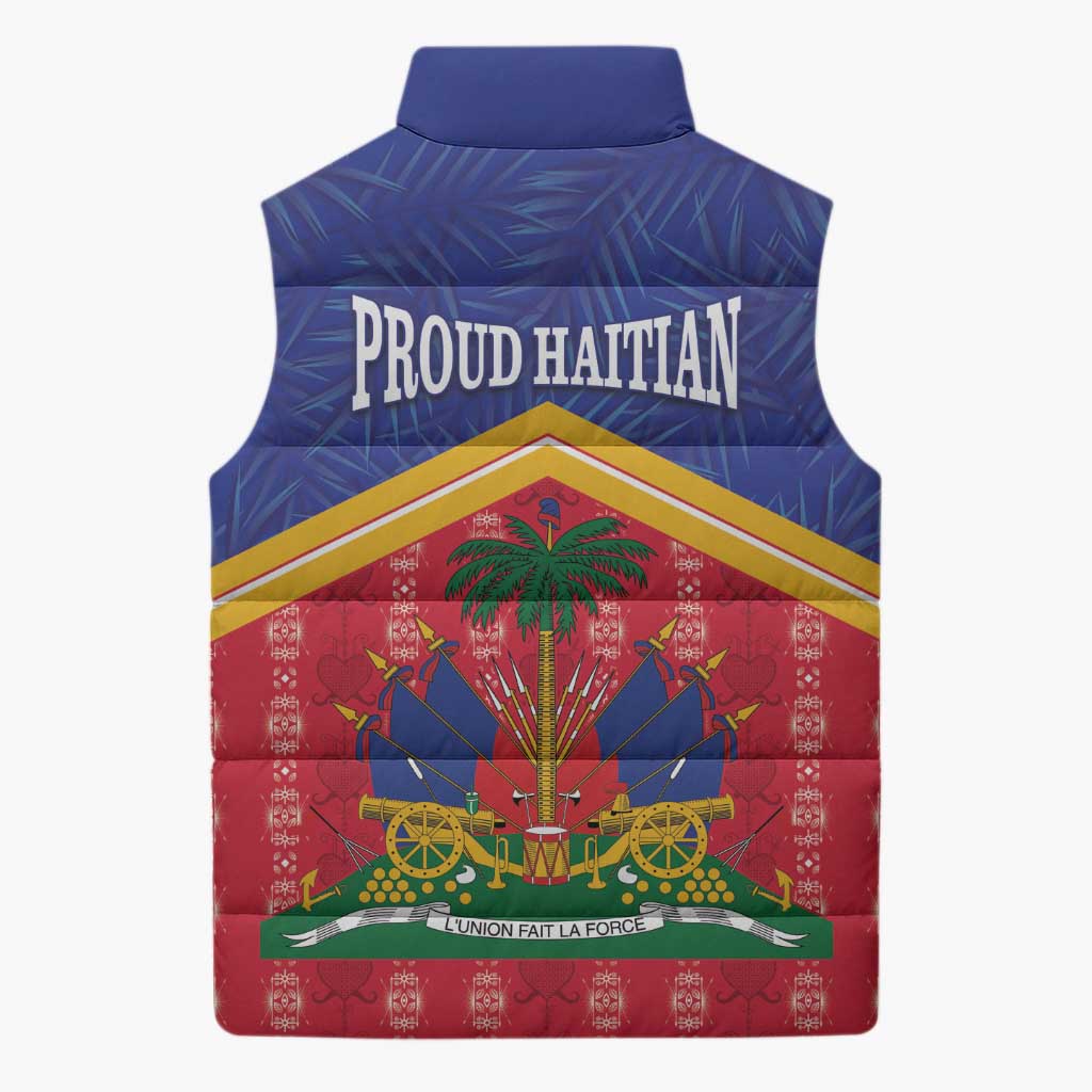 Afro-Haitians Sleeveless Puffer Jacket Proud Ayiti Veve Vodou Royal Palm Leaves - African Pride