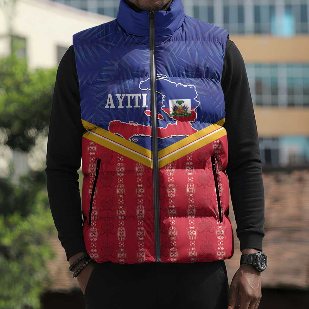 Afro-Haitians Sleeveless Puffer Jacket Proud Ayiti Veve Vodou Royal Palm Leaves - African Pride