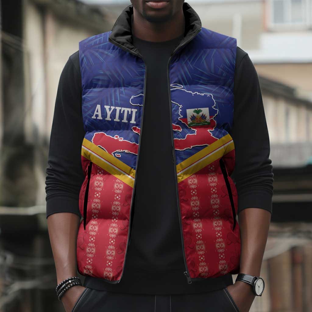 Afro-Haitians Sleeveless Puffer Jacket Proud Ayiti Veve Vodou Royal Palm Leaves - African Pride
