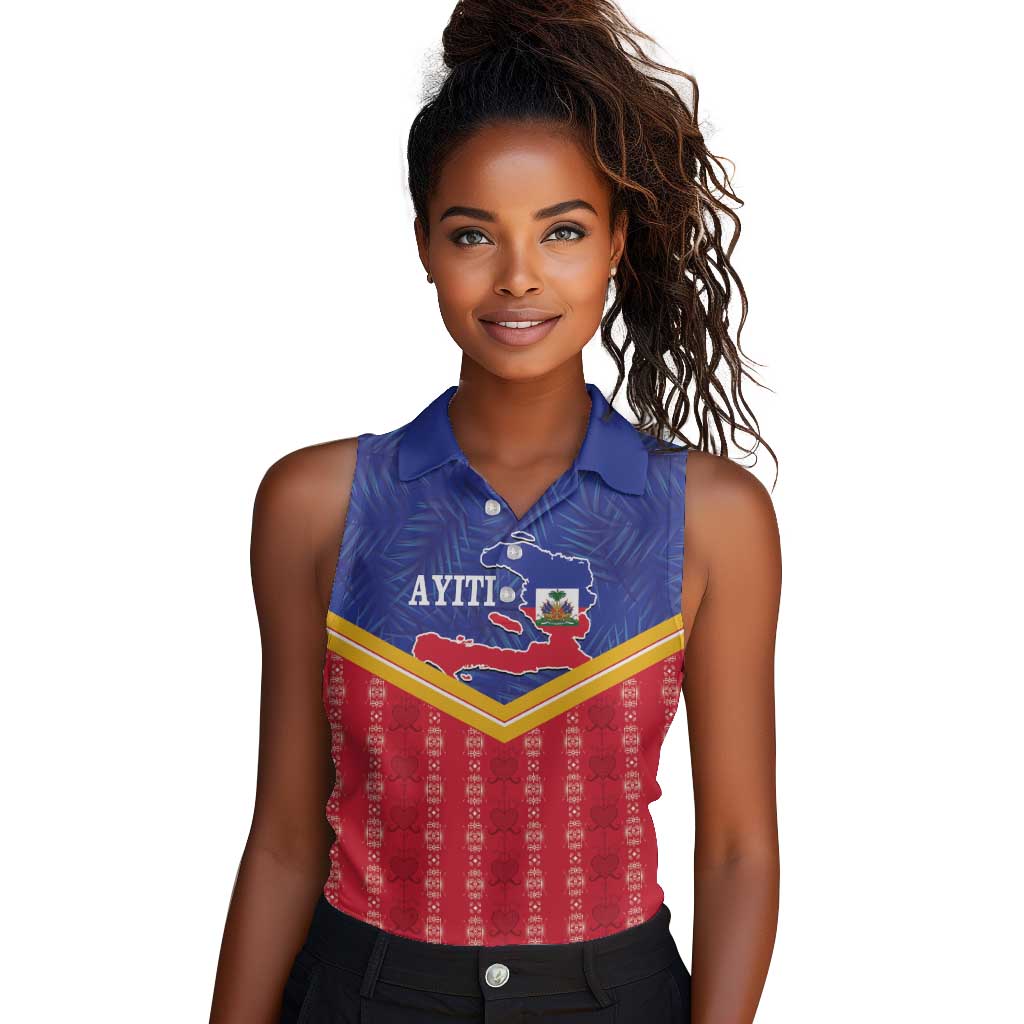 Afro-Haitians Women Sleeveless Polo Shirt Proud Ayiti Veve Vodou Royal Palm Leaves - African Pride