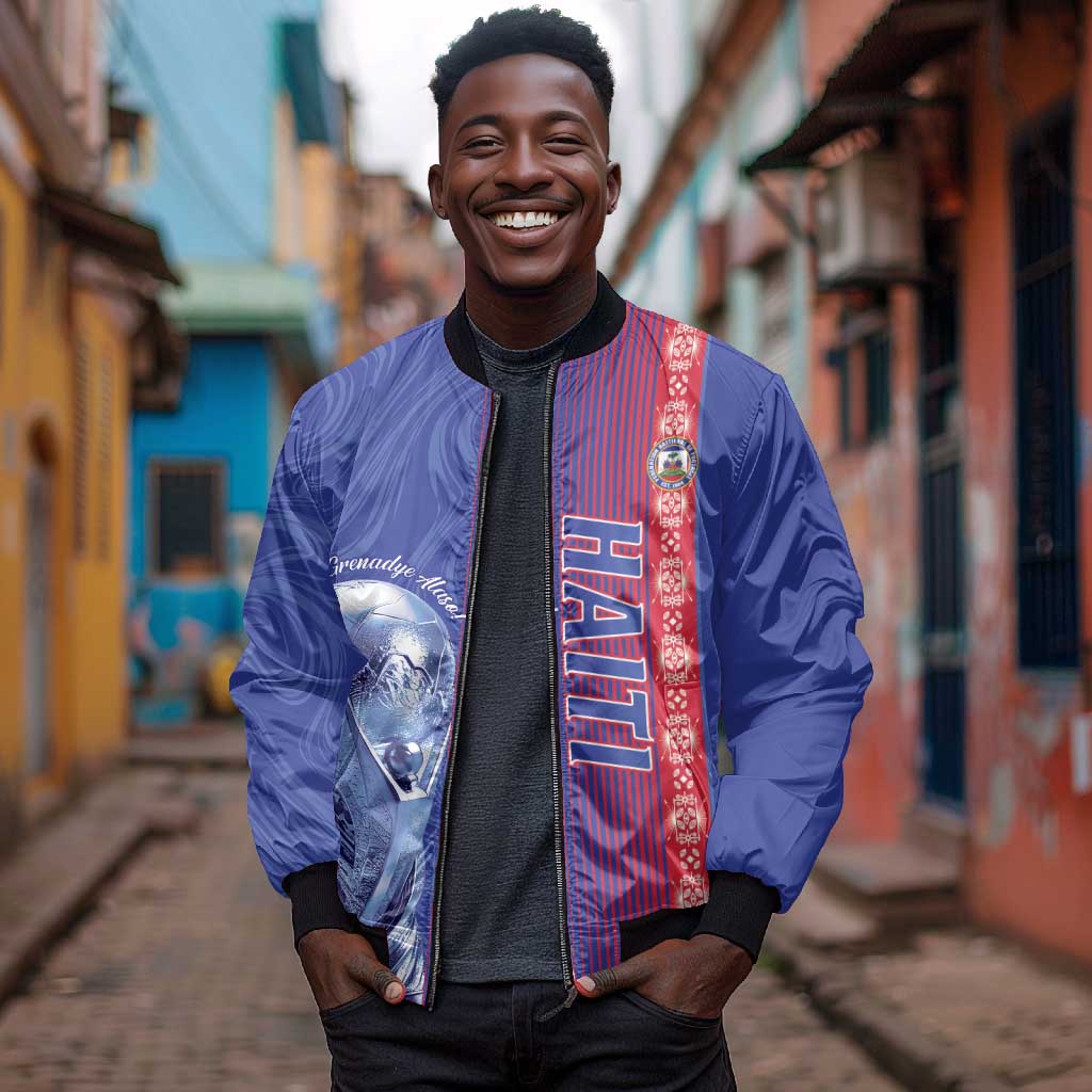 Custom Afro-Haiti Football Bomber Jacket 2026 Grenadye Alaso Blue Version - African Pride