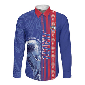 Custom Afro-Haiti Football Long Sleeve Button Shirt 2026 Grenadye Alaso Blue Version - African Pride